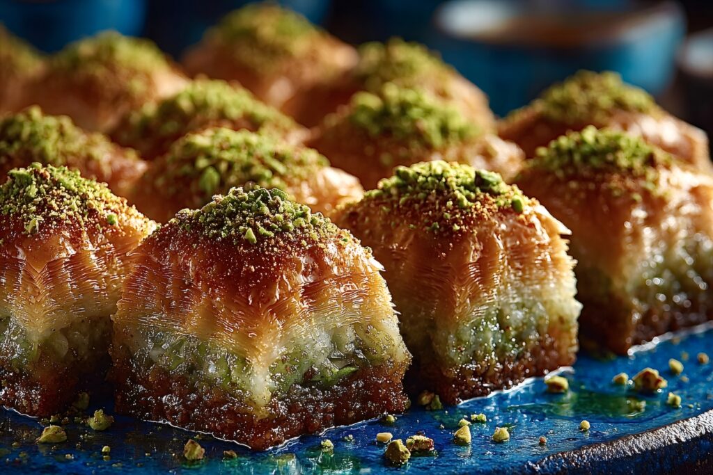 Top 10 famous desserts around the world delicious baklava pieces displayed on blue plate, topped with pistachios