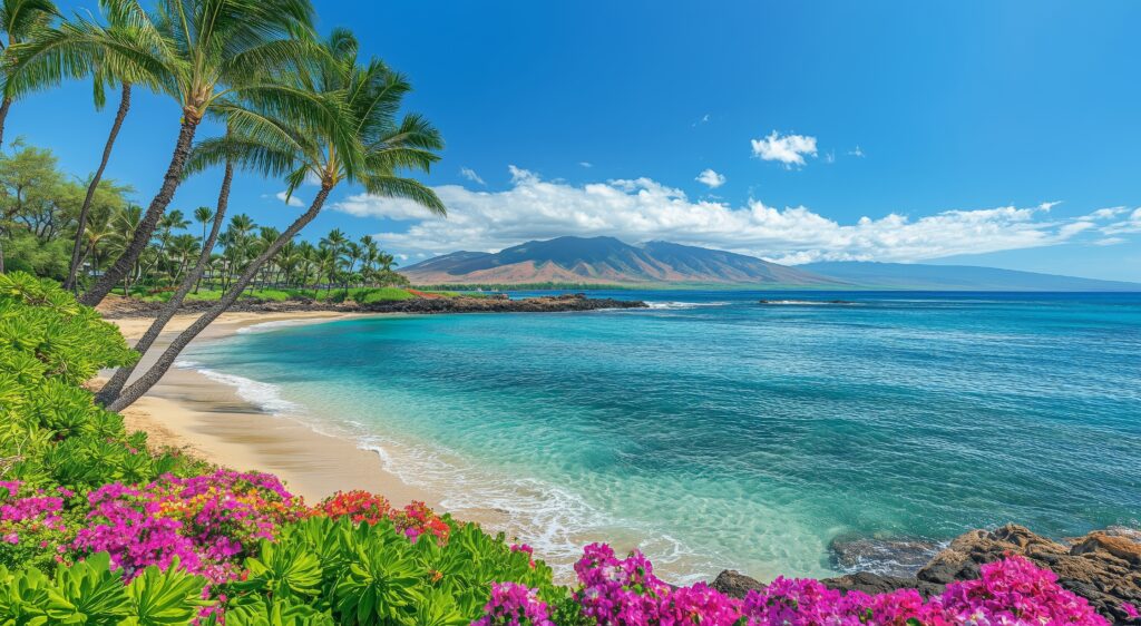 Top 10 Best Places to Visit in the USA – Complete USA Travel Guide breathtaking coastal view with clear water and vibrant flowers in a tropical paradise.