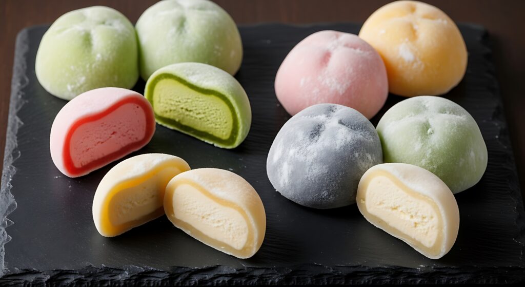 Top 10 famous desserts around the world colorful mochi ice cream balls assorted flavors on black slate plate