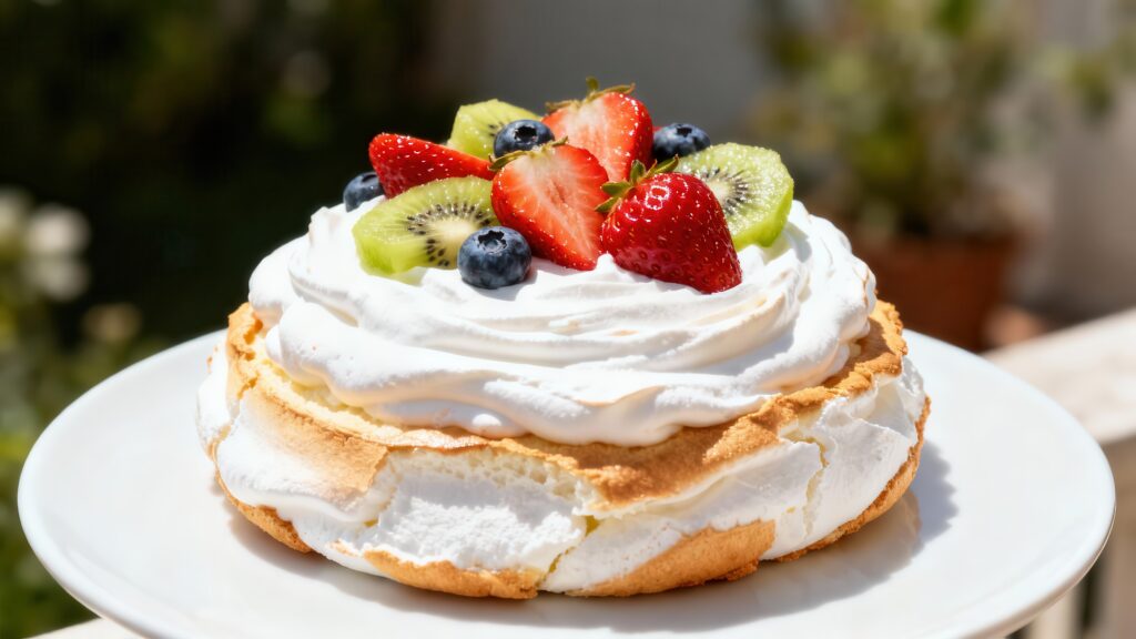 Top 10 famous desserts around the world meringue based dessert topped with fresh berries and tropical fruit rests upon a white serving dish outdoors