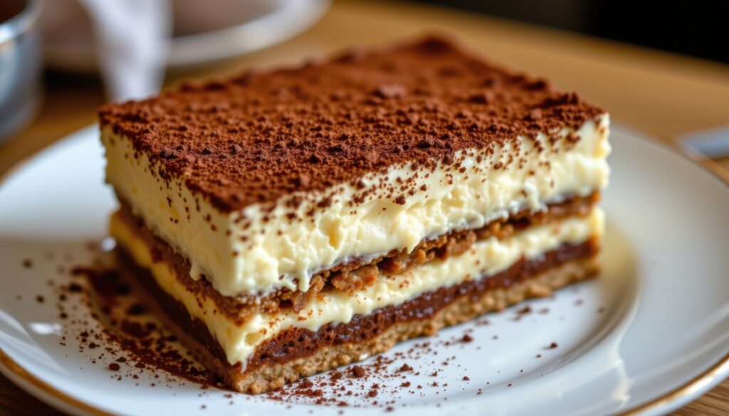 Top 10 famous desserts around the world a serving of tiramisu in a rectangular dish, cocoa powder evenly dusted across creamy top layer.